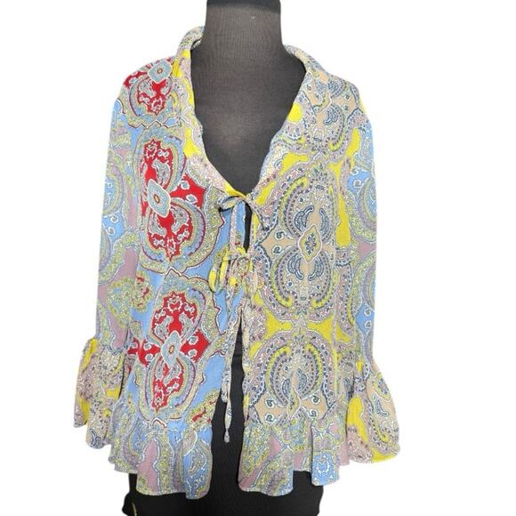 Y2K Semi Sheer Boho Colorful Bell Sleeve Ruffled Jacket XL Feminine Festival - Picture 4 of 9